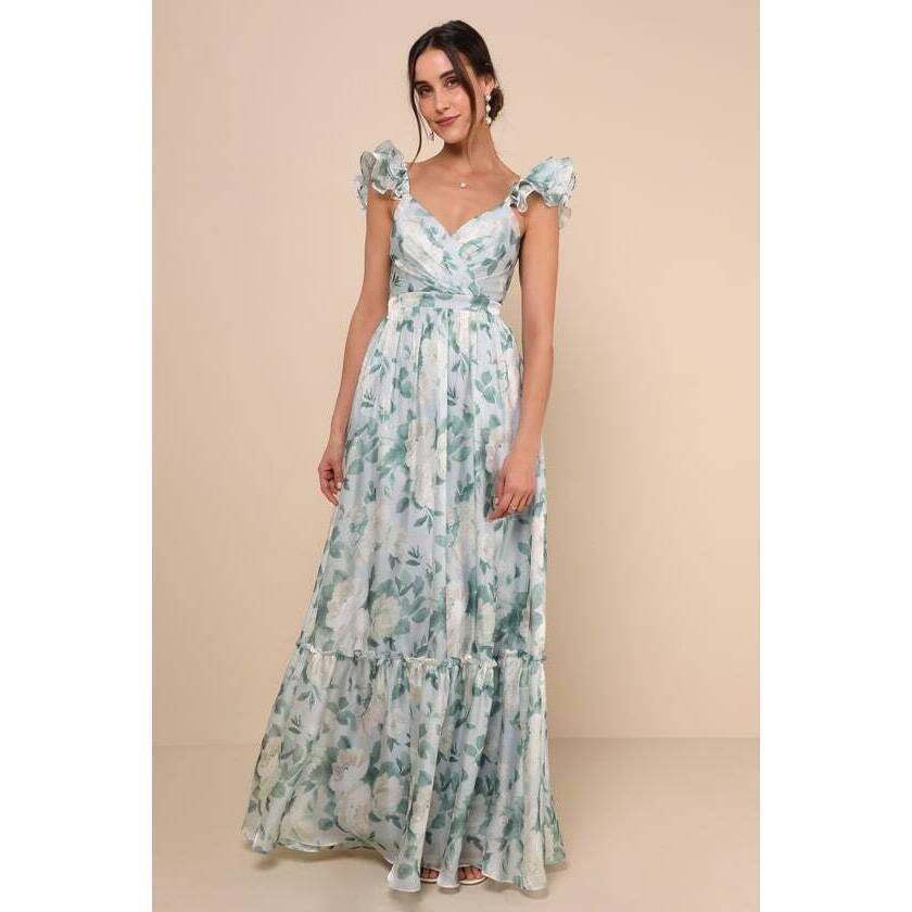 Lulus Soiree Perfection Light Blue Floral Ruffled Tiered Maxi Dress - Size M